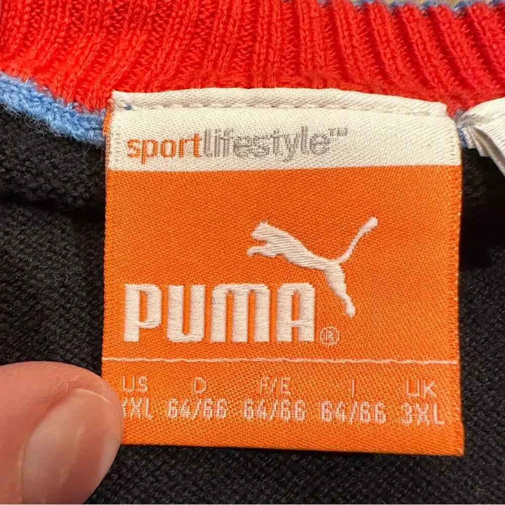 Puma Mens 3XL V-Neck Black Sweater with Blue Elbow Patches Trim and Logo